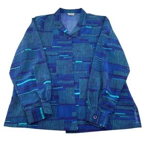 Bon Worth Blue Teal Geometric Stripe Button Up Shirt Women's Medium Vintage